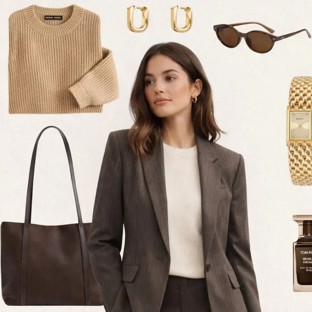 Theory Pinstripe Wool Blend Blazer Jacket Brown Tailored Career Office Women L